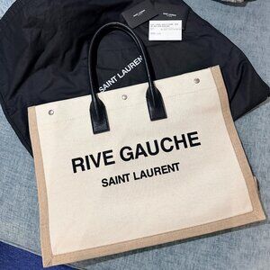 Saint Laurent Rive Gauche Tote in Natural Linen/Canvas with Black Leather Handle